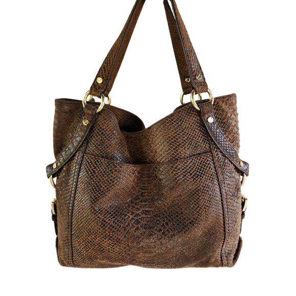 Michael Kors Brown Snake Embossed Leather Hobo Bag Slouchy Boho Designer Purse - Picture 2 of 13